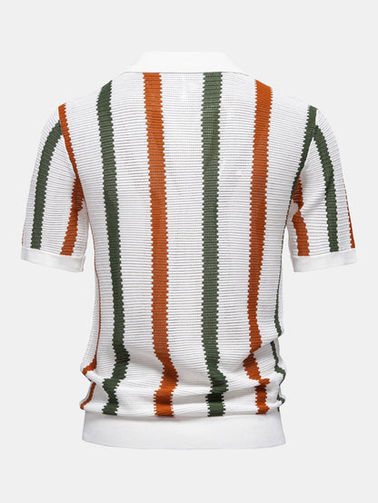 Striped V-Neck Knit Polo Shirt