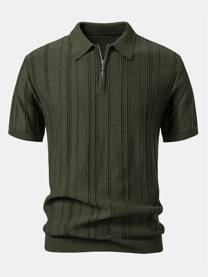 Striped Jacquard Knit Polo Shirt with Zipper