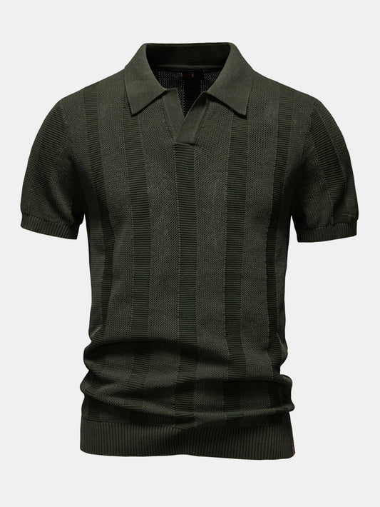 Striped Hollow Knit V-Neck Polo