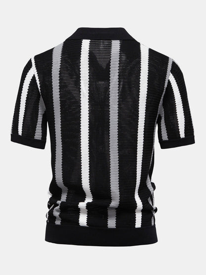 Striped V-Neck Knit Polo Shirt