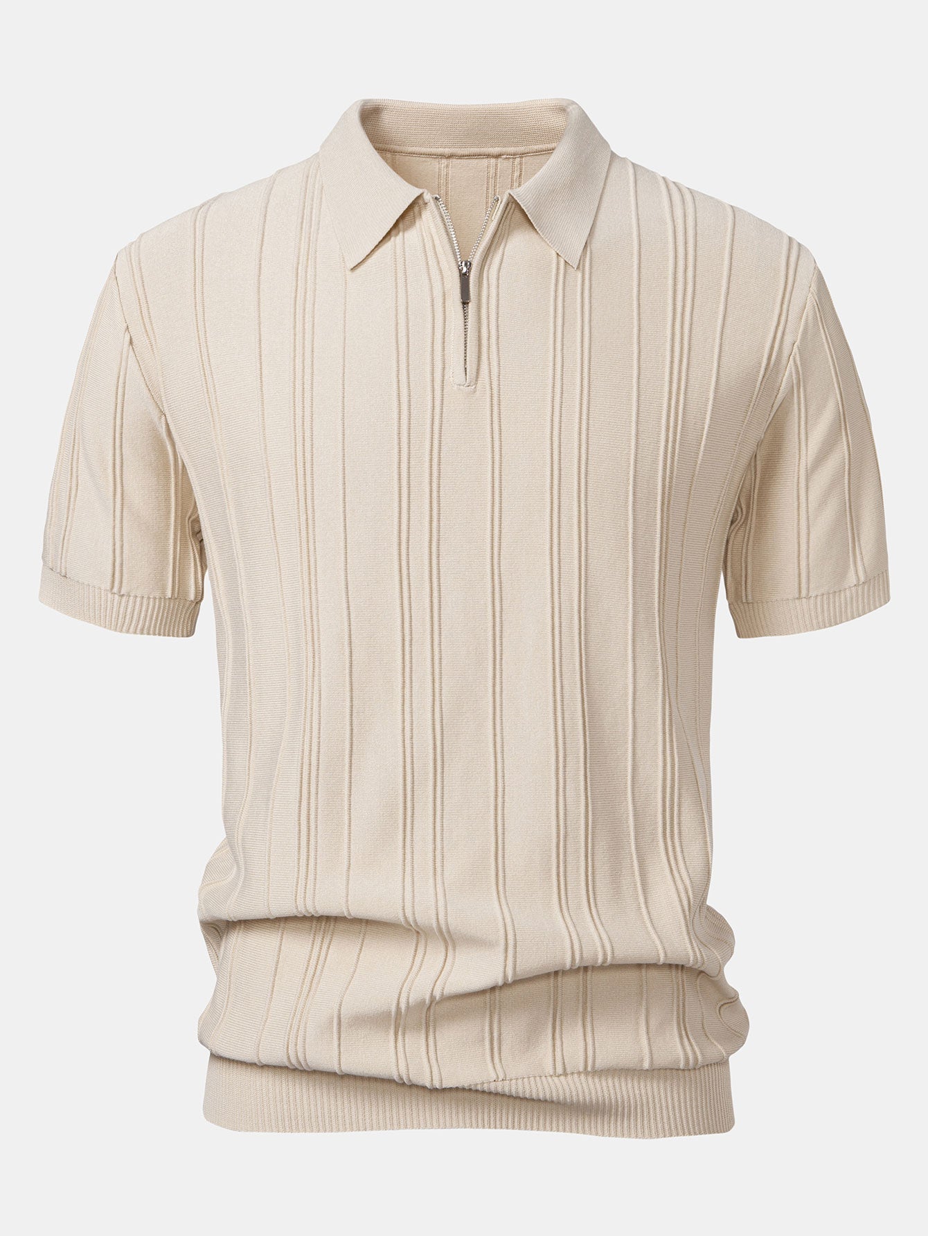 Striped Jacquard Knit Polo Shirt with Zipper