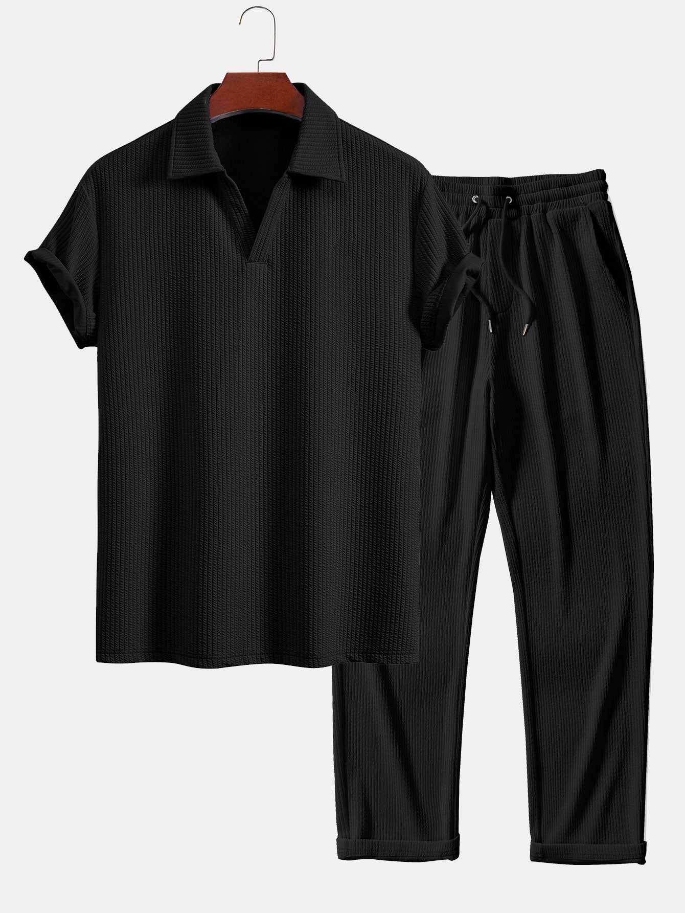Textured V-Neck Polo & Trousers Set