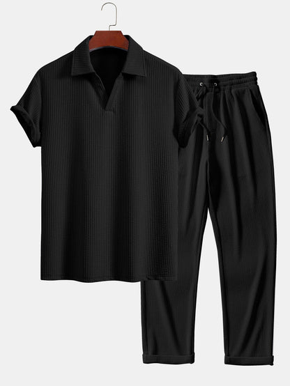 Textured V-Neck Polo & Trousers Set